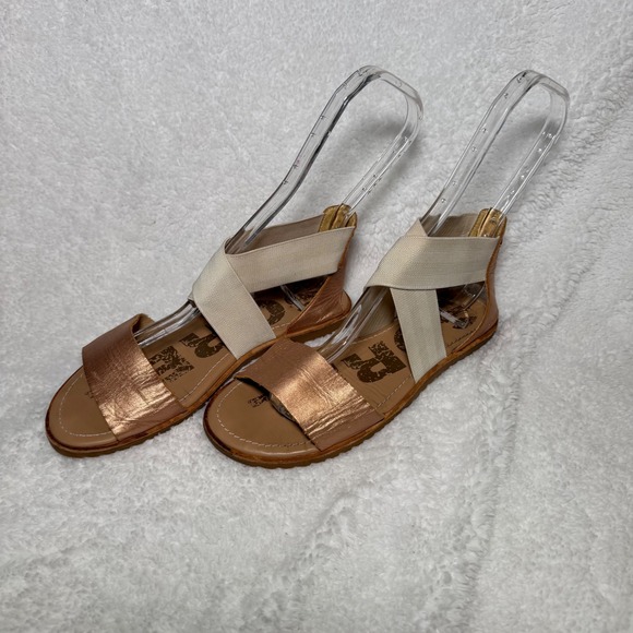 Sorel Shoes - Sorel Ella‎ Sandal Rose Gold Metallic Elastic Strap Flat Sandals Womens